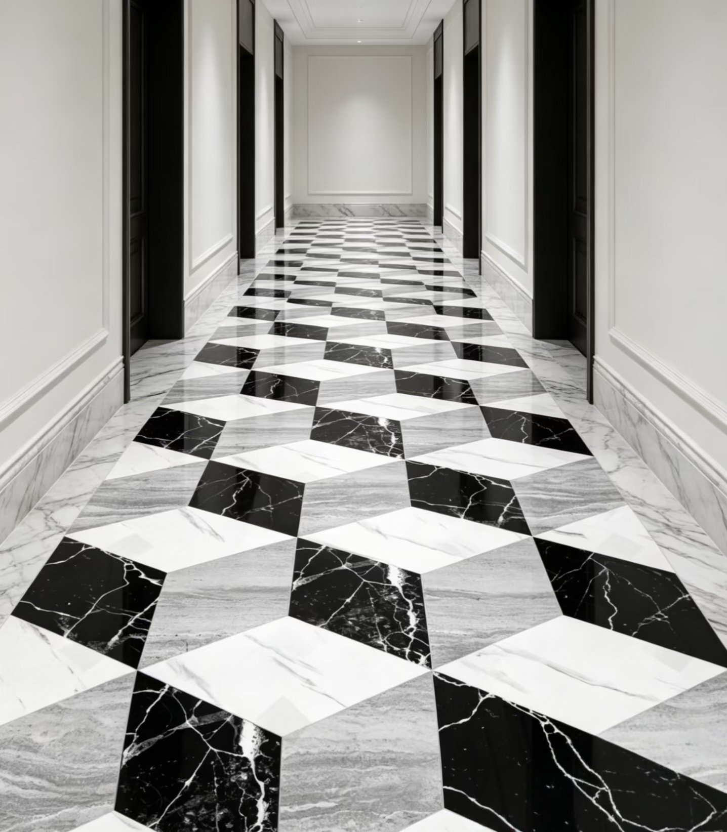 Black, white and grey geometric stone floor in a residential corridor